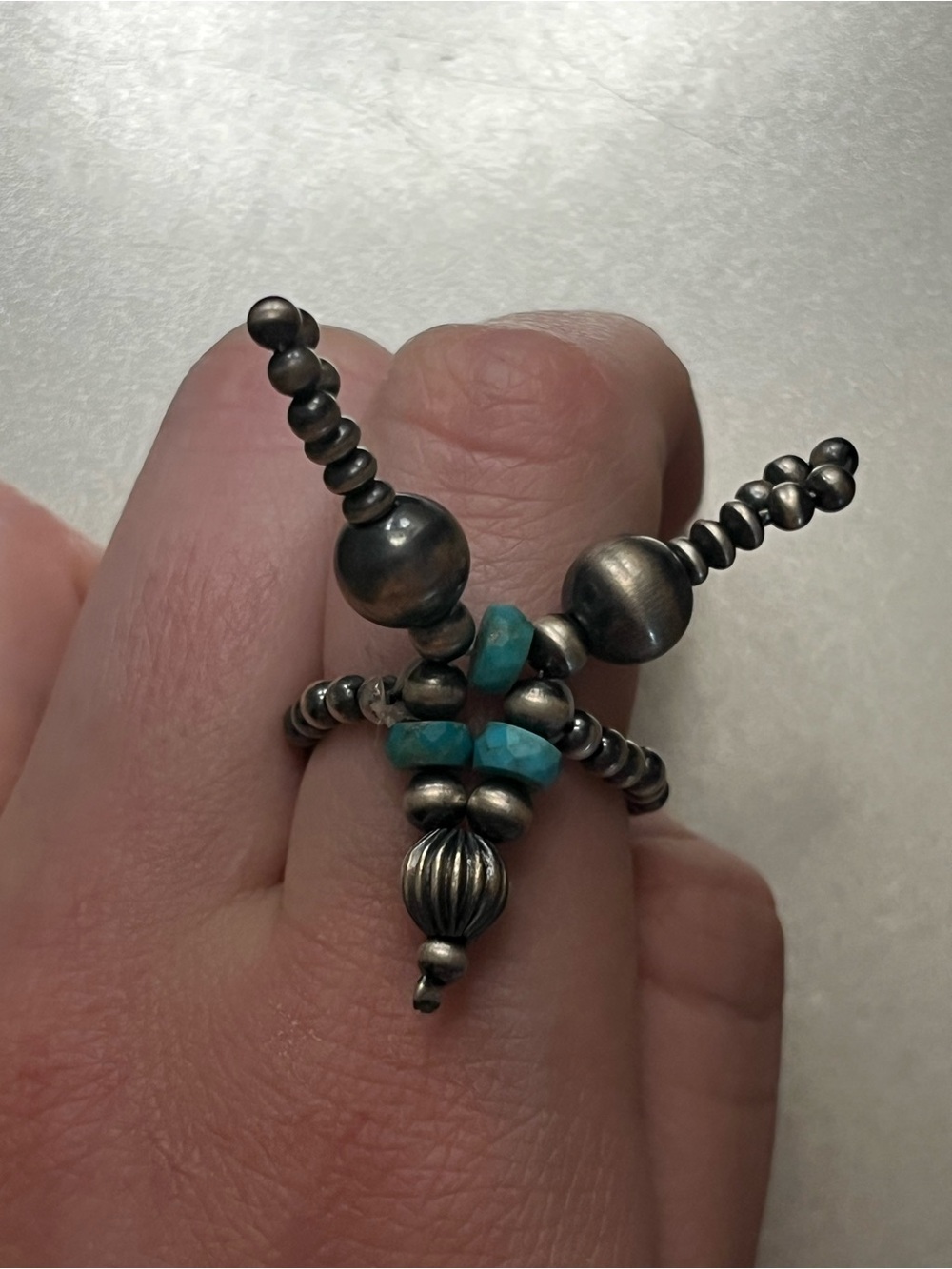 Sterling Silver Beaded Ring with Turquoise Accent - Southwestern Style